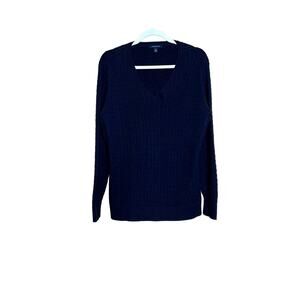 Vintage Lands' End women' s cable knit sweater navy cotton v-neck